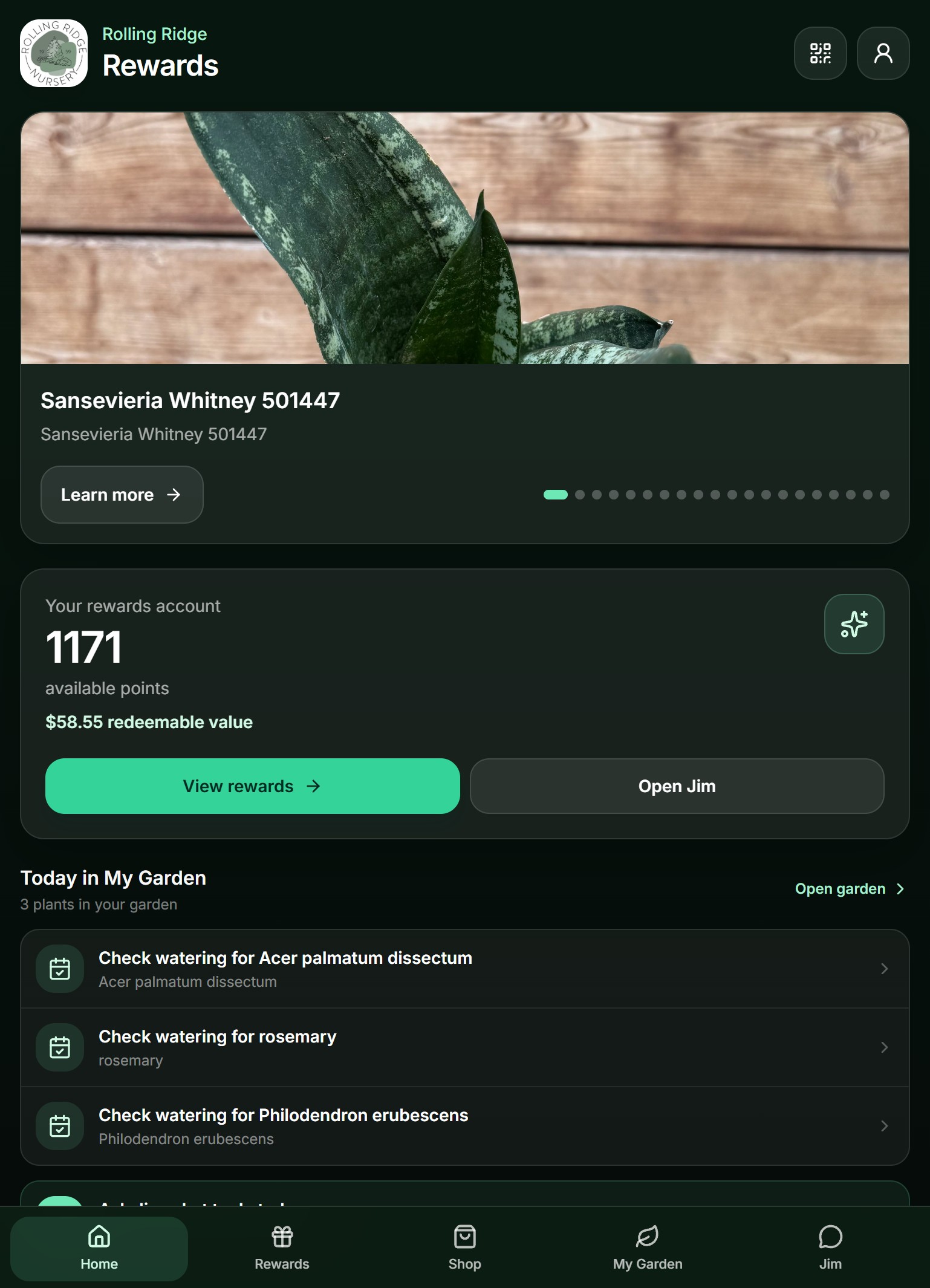 Current Rolling Ridge Rewards home screen showing store promotions, loyalty points, reward value, and daily garden care reminders