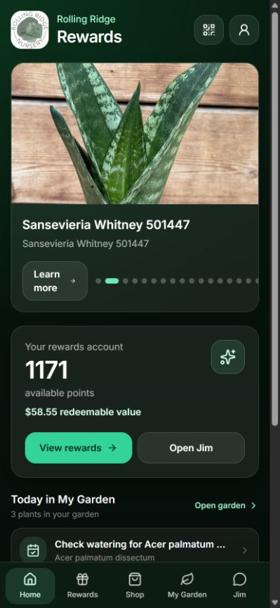 Current home screen with store promotions, rewards balance, redeemable value, and today's garden care