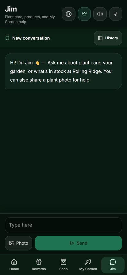 Current Jim assistant screen with conversation history, voice controls, photo attachments, and a question field