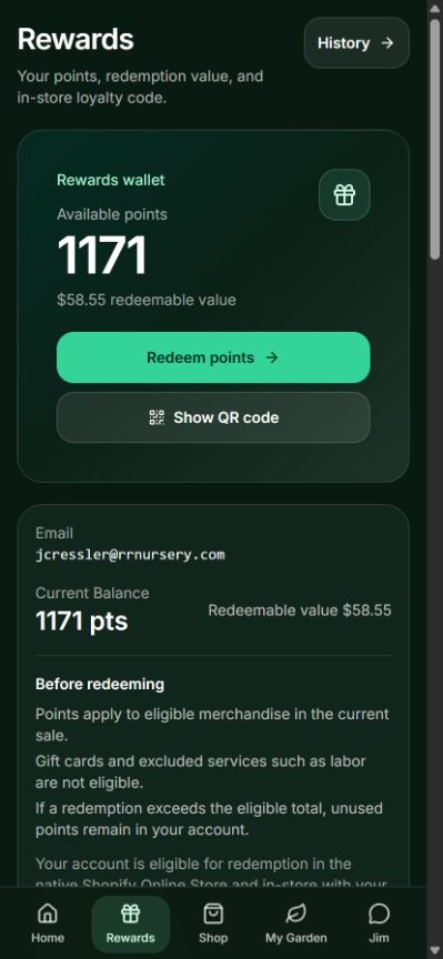 Current Rewards wallet showing available points, redemption value, loyalty-code access, and redemption guidance