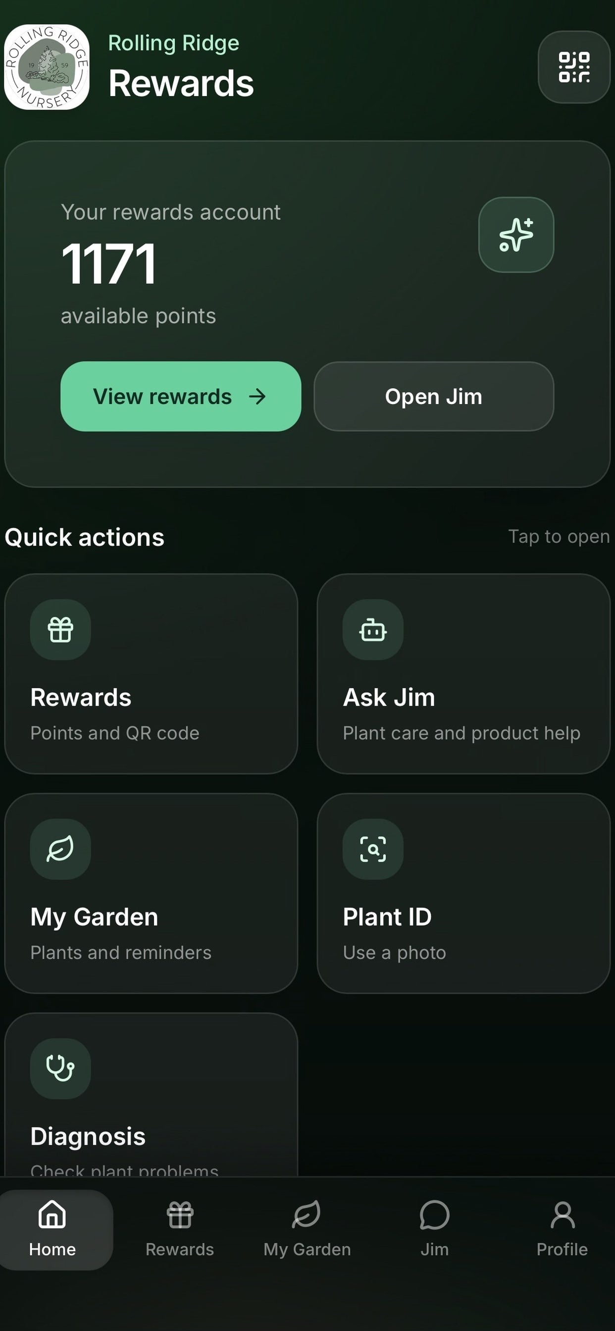 Rolling Ridge Rewards home screen showing loyalty and garden quick actions