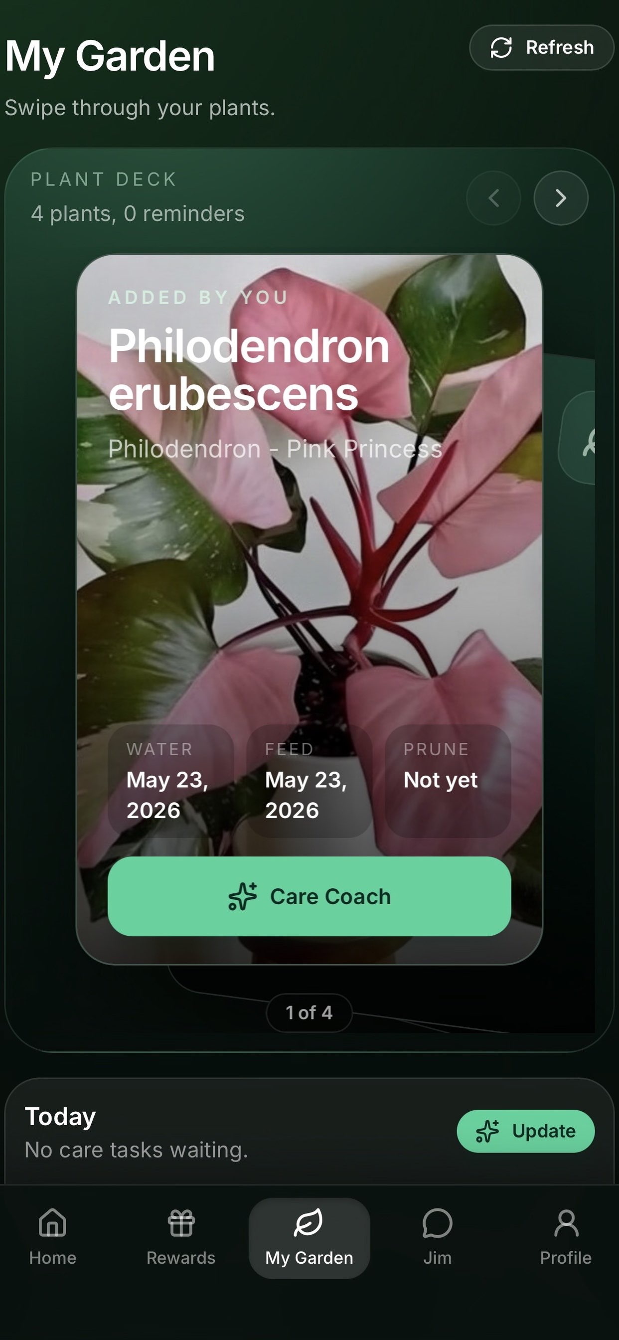 Rolling Ridge Rewards My Garden screen showing a Pink Princess philodendron and personalized care actions