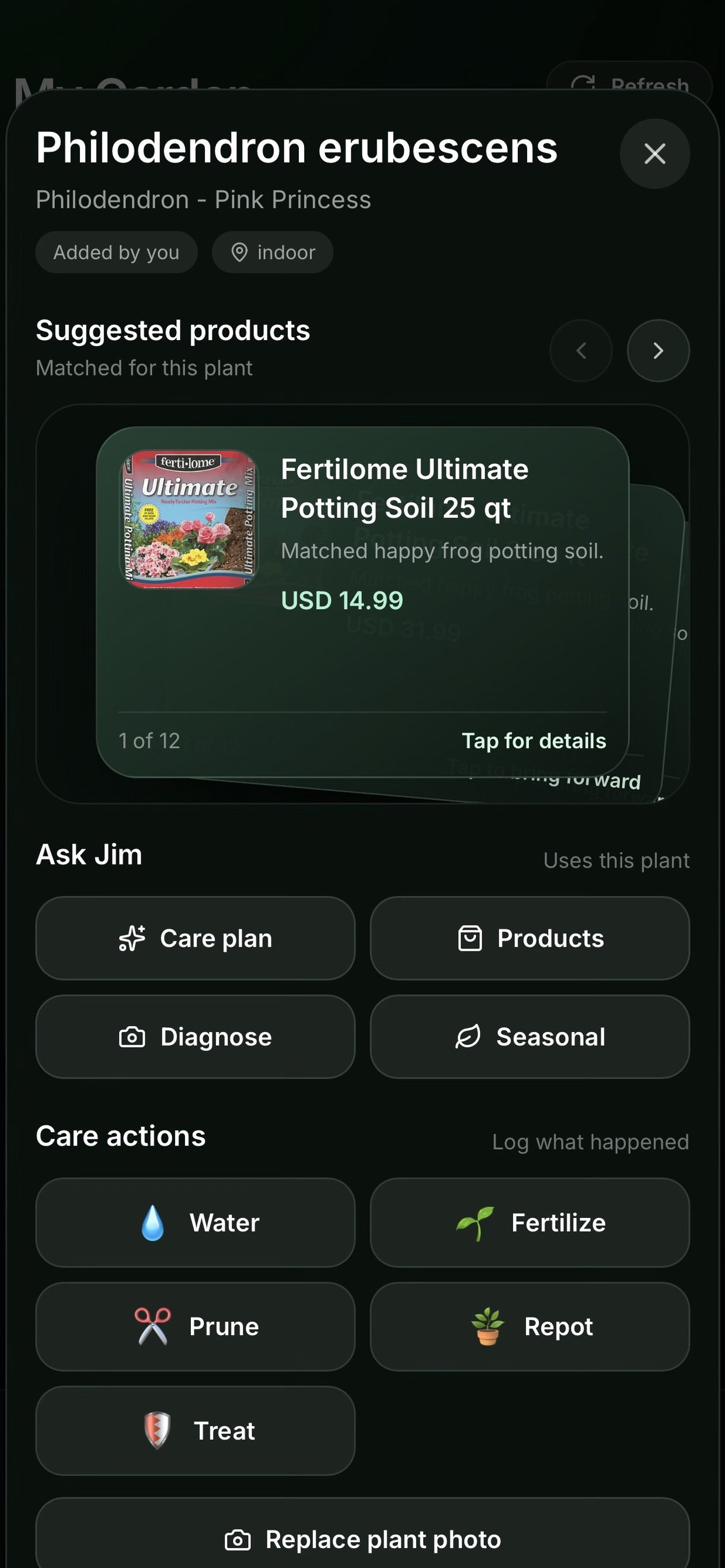 Plant details screen with care guidance and recommended products