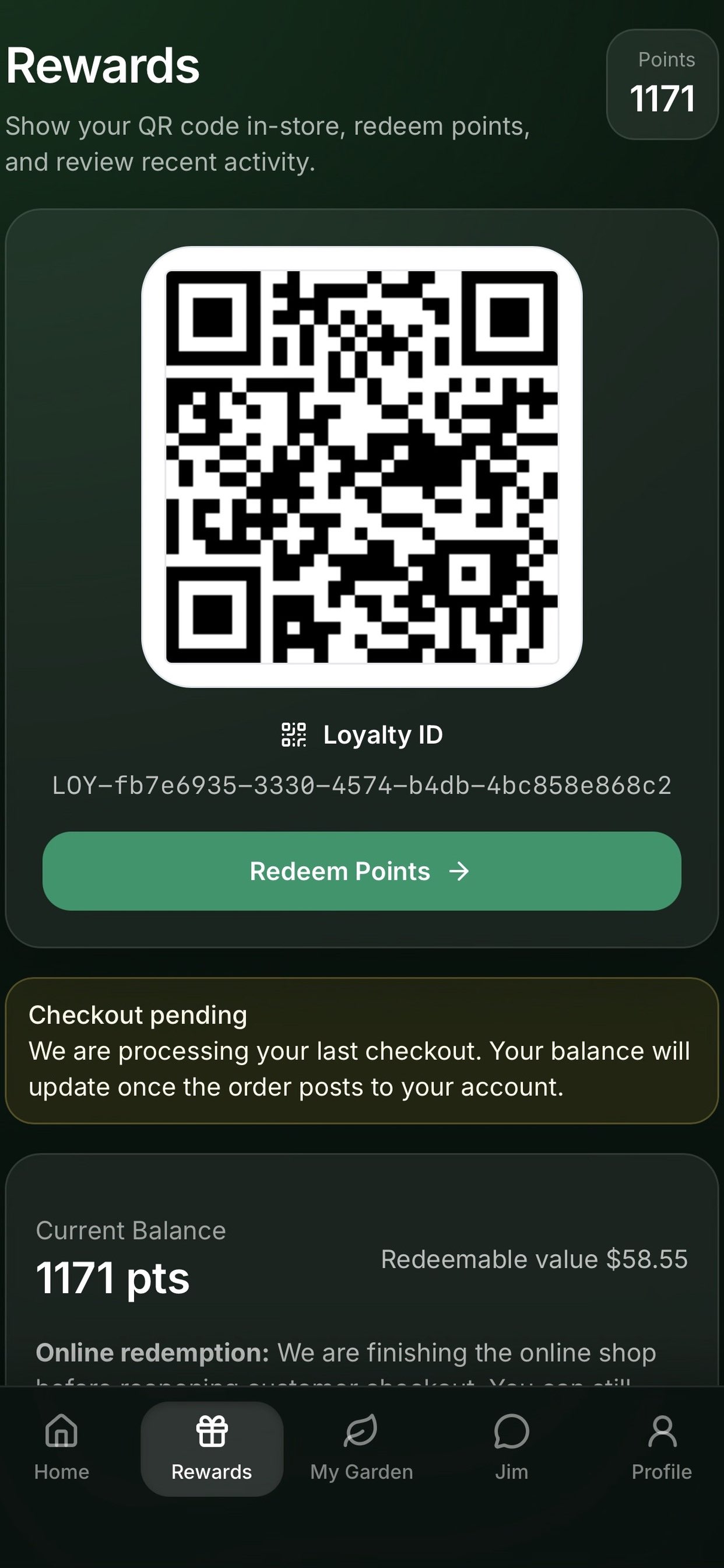 Rolling Ridge Rewards membership screen with points and QR code